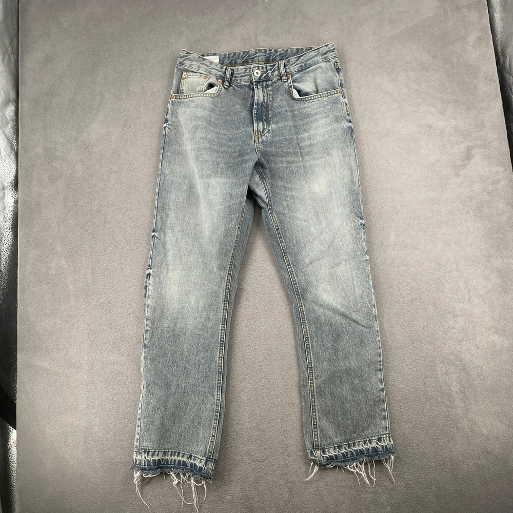 Zara Mens Light Wash Straight Leg Jeans Raw Frayed Hem Blue Size 31 8163